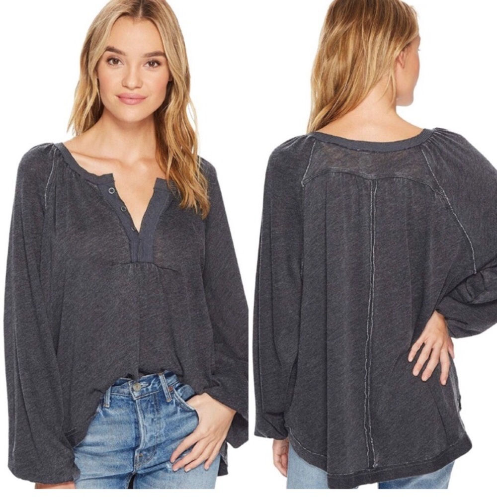 FREE PEOPLE Acadia Henley Long Sleeved Top Charcoal Gray